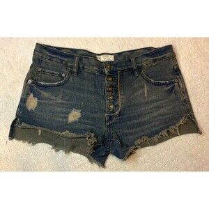 Free People Women’s Button Fly Distressed Denim Shorts 26 Dark Blue Boho Casual